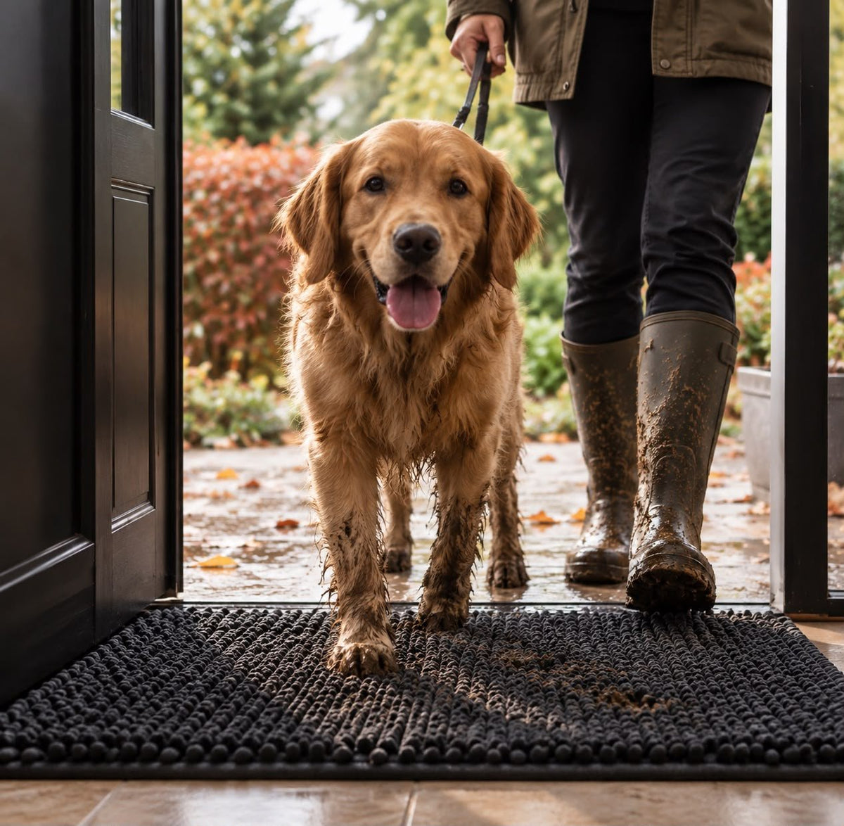 Lerig golden retriever och person i stövlar kliver in på en mörk MUDDI MAT